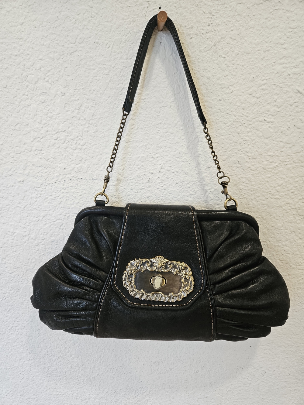 Kate Landry Pebbled Leather Turnlock Clutch Handbag Purse Black Leather